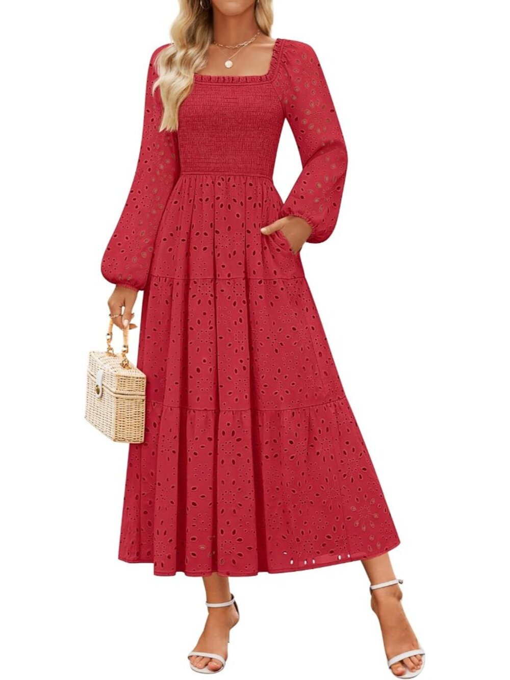 🆕Women's Red Long Sleeve Square Neck LINE Mid Waist Pockets Maxi Dress